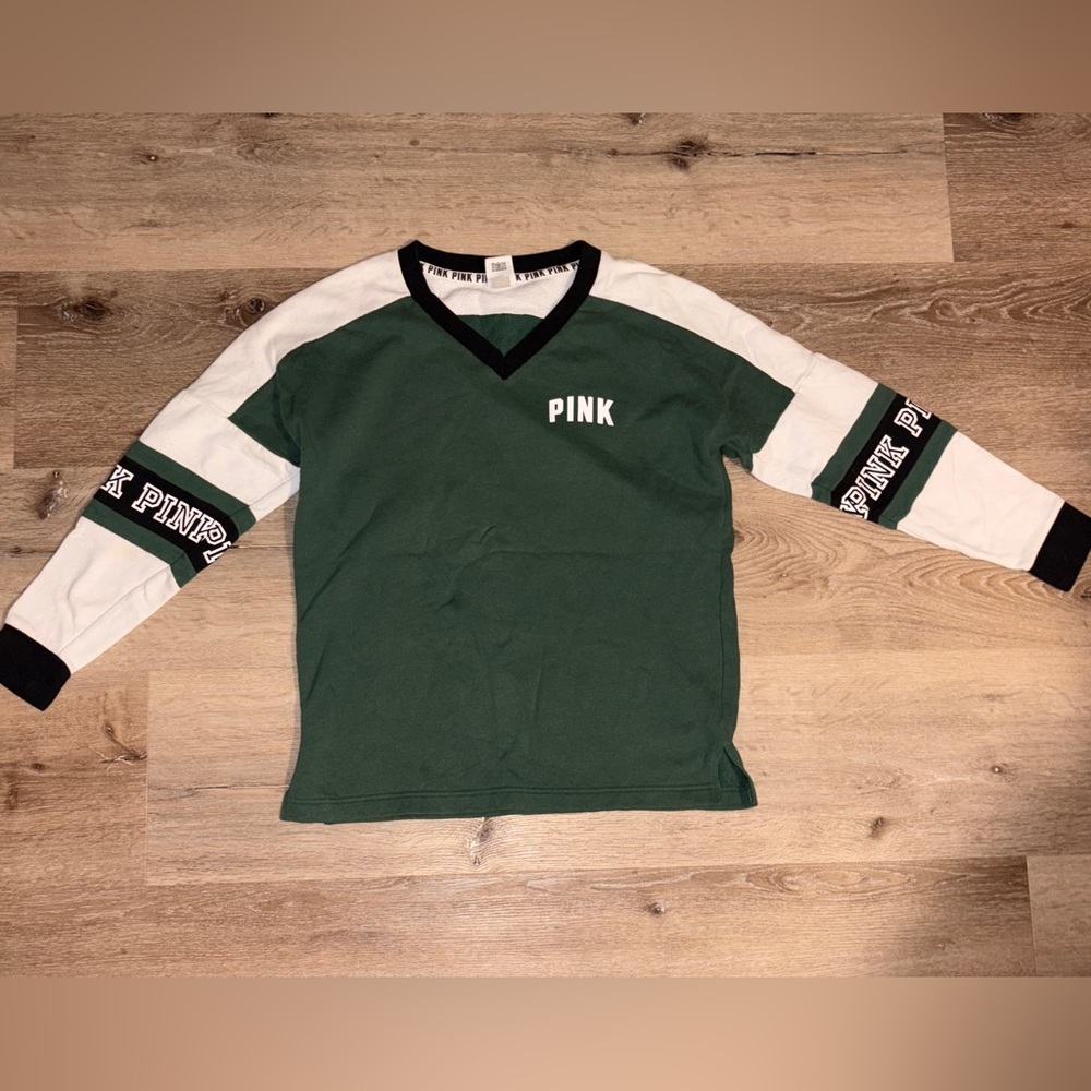 PINK Victoria's Secret Green and White Long Sleeve Tee